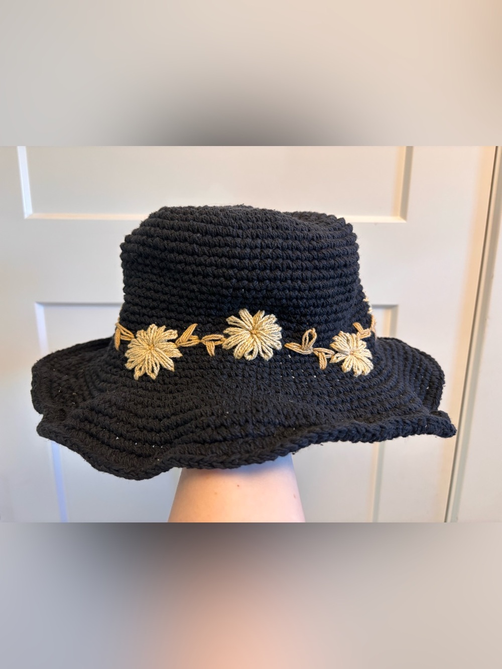 MANY HANDS "Fleur" Natural Sun Hat Cotton Hemp Boho Floral Hand-Crocheted Wire - Picture 3 of 6